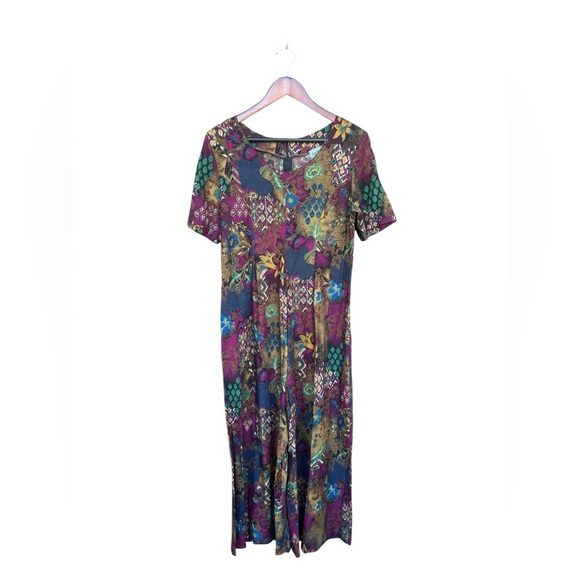 Vintage 80s Botancial Abstract short Sleeve Wide Leg Rayon Jumpsuit Sz 8 Whimsy - Picture 1 of 8